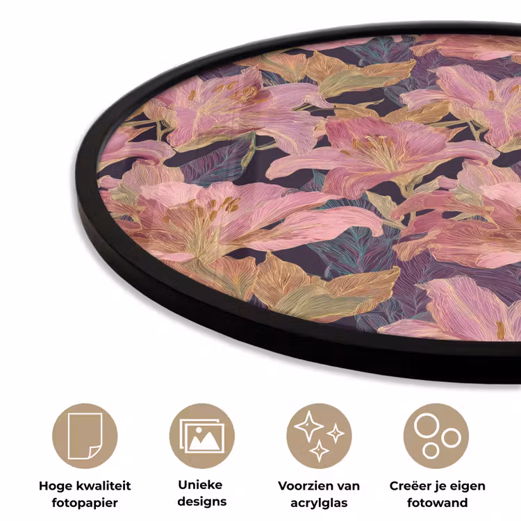Ronde fotolijst - Lelies - Patroon - Roze - Goud — 2