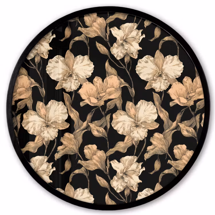 Ronde fotolijst - Orchideeën - Lijntekening - Patroon - Beige - Zwart — 1