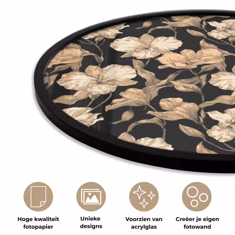 Ronde fotolijst - Orchideeën - Lijntekening - Patroon - Beige - Zwart — 2