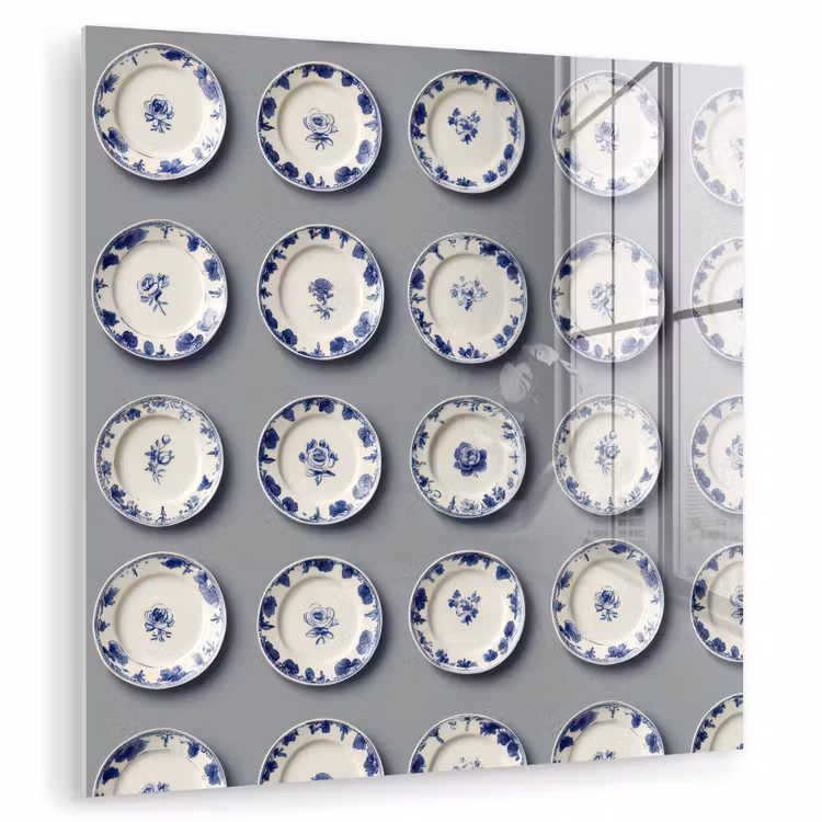 Glas schilderij - Delfts Blauwe Borden Rozen Grijs