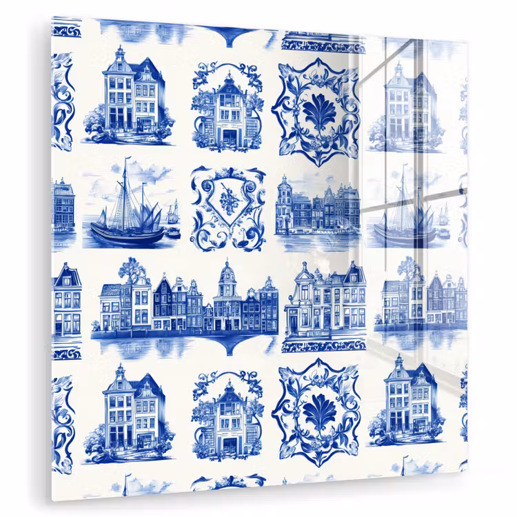 Glas schilderij - Delfts Blauw Grachtenpanden Zeilschepen