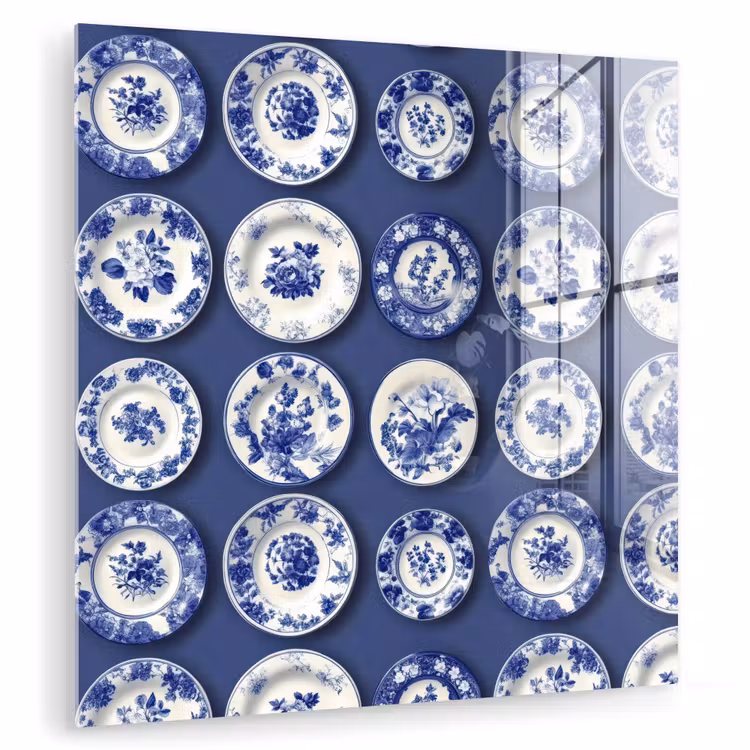 Glas schilderij - Delfts Blauwe Borden Donkerblauw