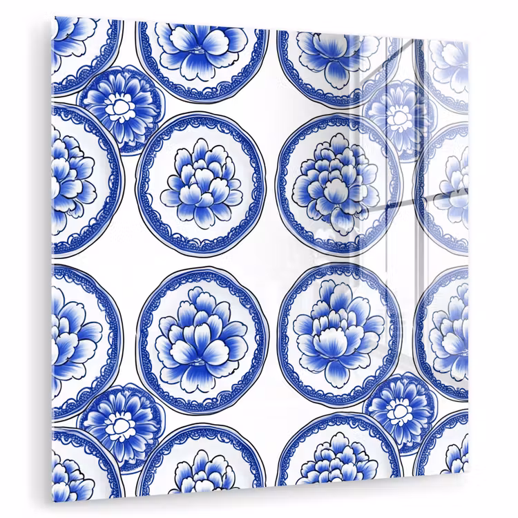 Glas schilderij - Delfts Blauwe Borden Pioenrozen