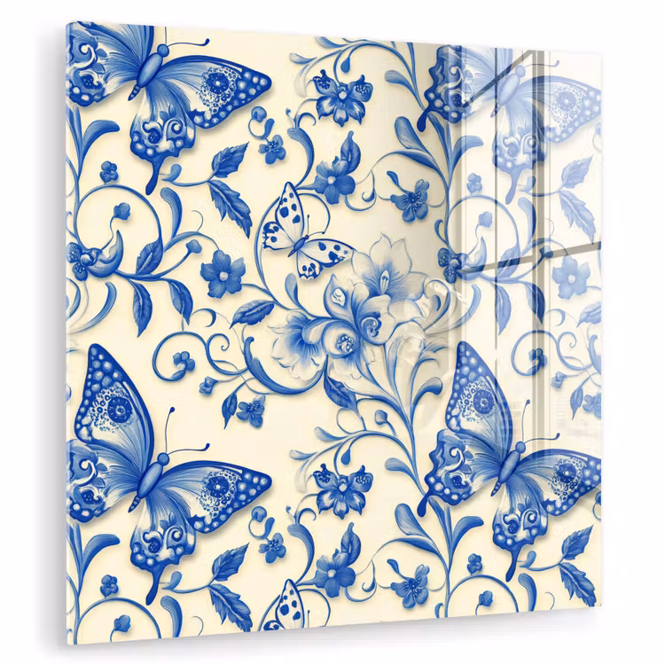Glas schilderij - Bloemen en Vlinders Delfts Blauw