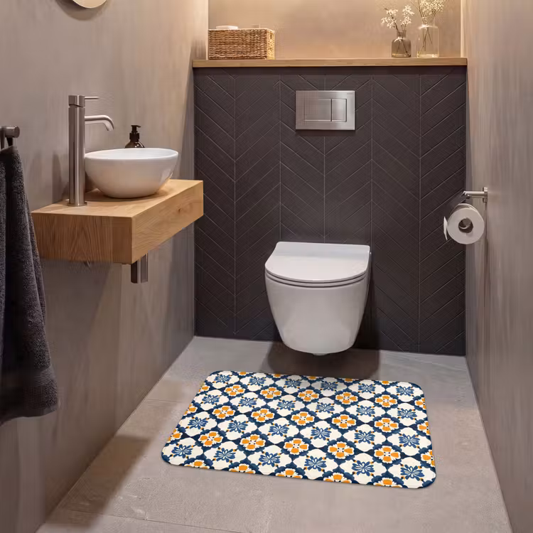 Wc Mat - Bloemen Tegelpatroon Blauw Oranje — 2