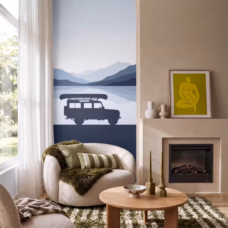 Behang - Terreinwagen met Kano Bergen Blauw