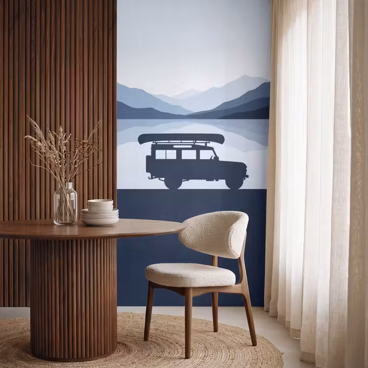 Behang - Terreinwagen met Kano Bergen Blauw — 4