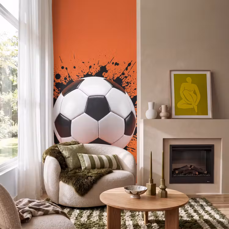 Behang - Voetbal Zwarte Verfspetters Oranje