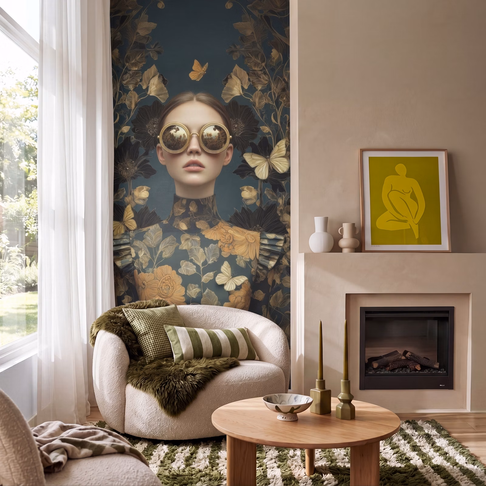 Behang - Vrouw - Bladeren - Goud - Vlinders — 1