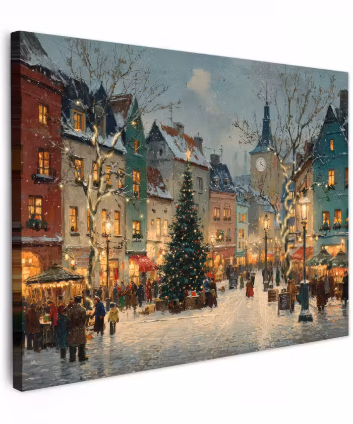 Canvas schilderij - Kerstsfeer - Stadsplein - Kleurrijk