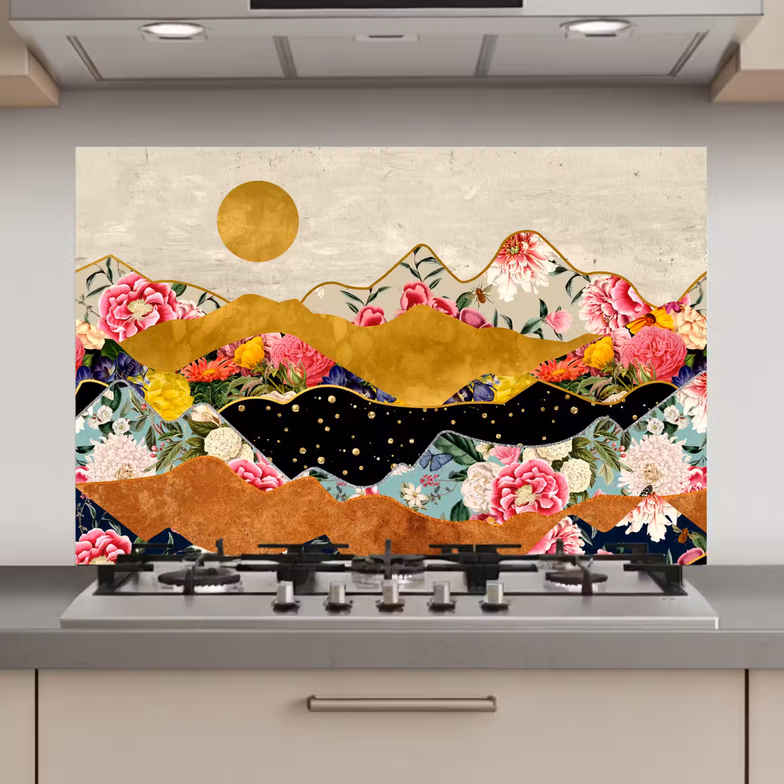Spatscherm keuken - Goud - Bloemen - Print - Abstract - Landschap - Patronen — 1