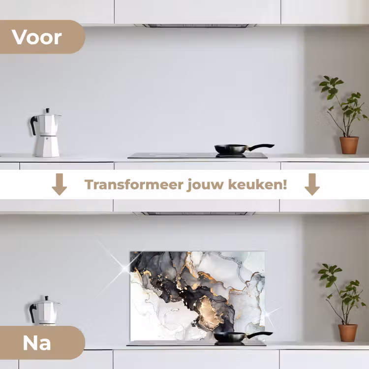 Spatscherm keuken - Marmer - Zwart - Wit - Goud - Luxe - Abstract — 3