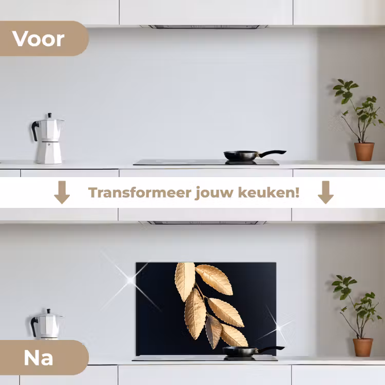 Spatscherm keuken - Bladeren - Zwart - Goud - Luxe - Planten — 3