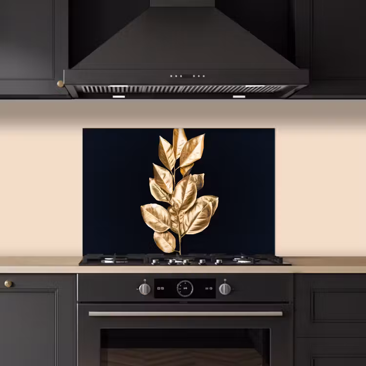 Spatscherm keuken - Plant - Bladeren - Goud - Zwart - Luxe — 2