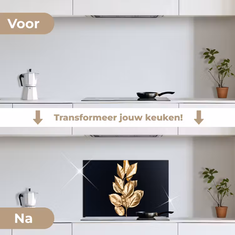 Spatscherm keuken - Plant - Bladeren - Goud - Zwart - Luxe — 3