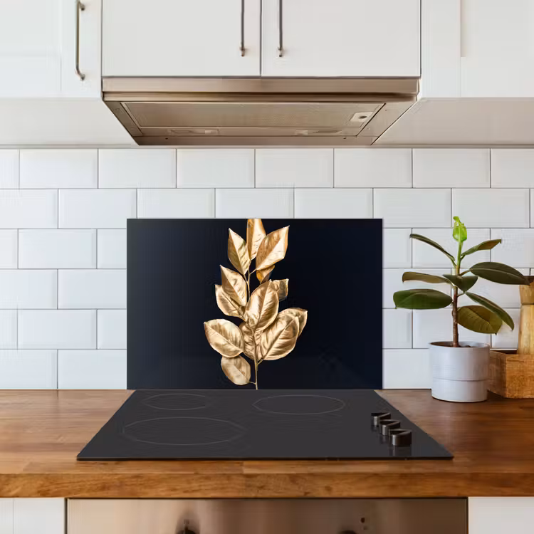 Spatscherm keuken - Plant - Bladeren - Goud - Zwart - Luxe — 6