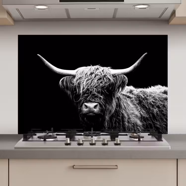 Spatscherm keuken - Schotse Hooglander - Koe - Zwart - Wit - Dieren
