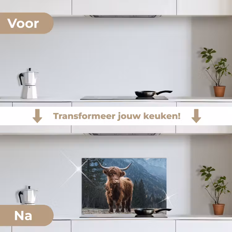Spatscherm keuken - Schotse hooglander - Berg - Landschap - Bomen - Koe - Natuur — 3