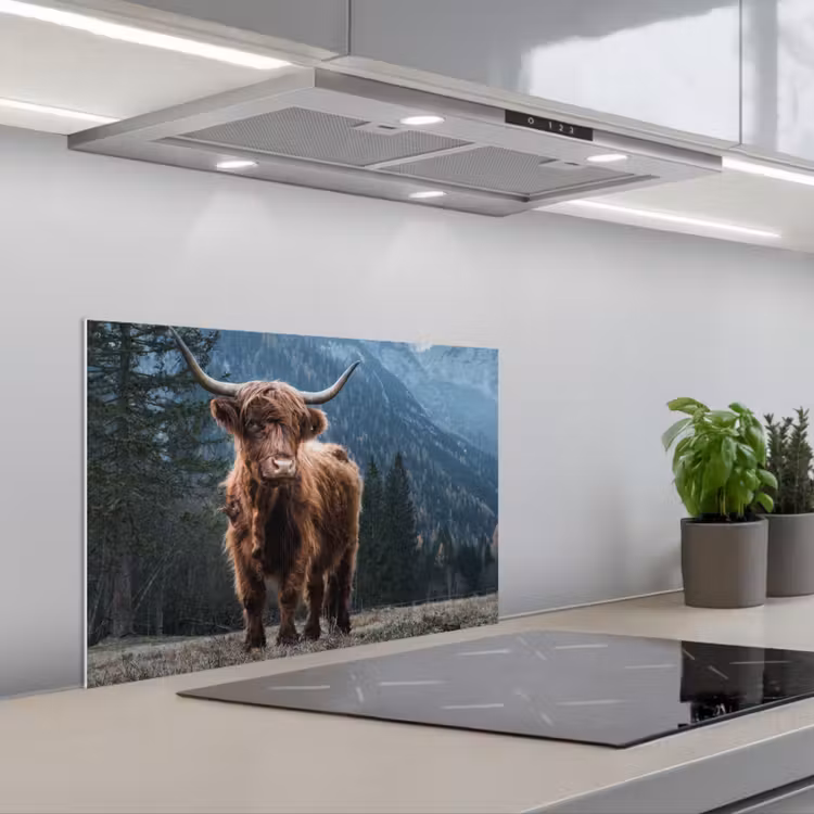 Spatscherm keuken - Schotse hooglander - Berg - Landschap - Bomen - Koe - Natuur — 5