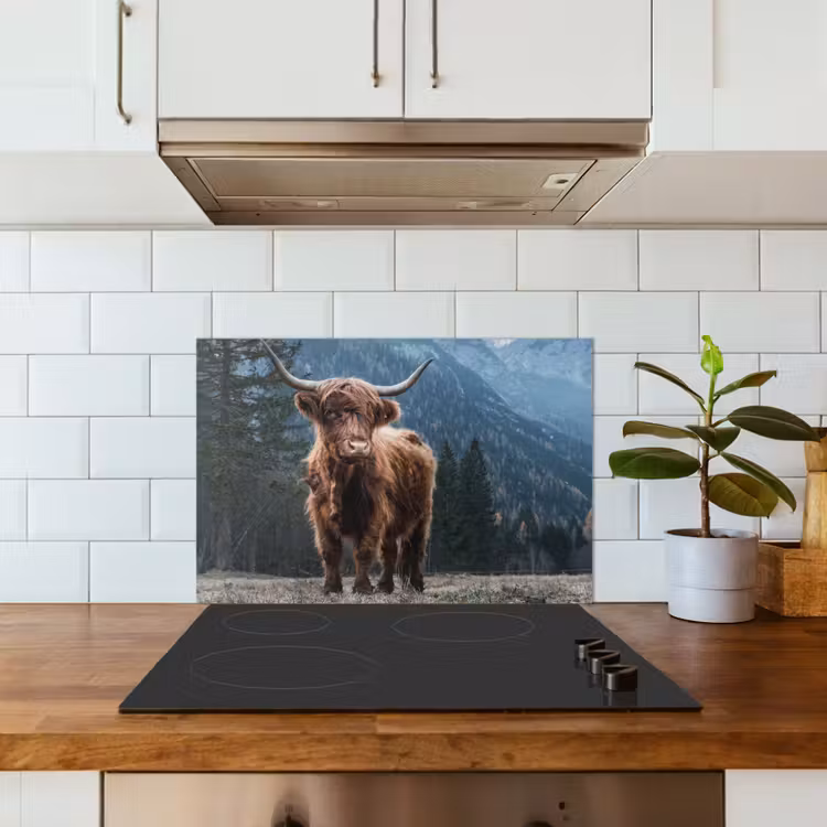 Spatscherm keuken - Schotse hooglander - Berg - Landschap - Bomen - Koe - Natuur — 6