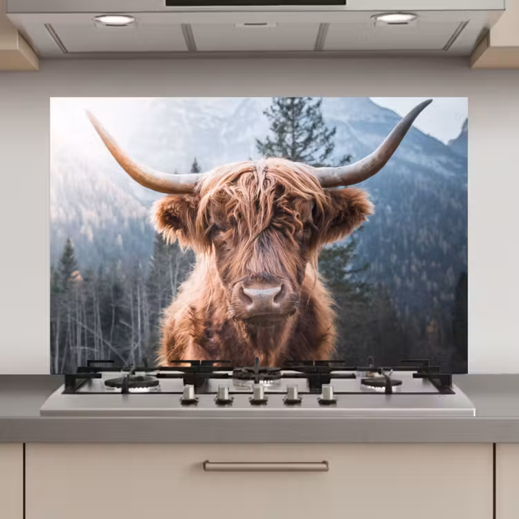 Spatscherm keuken - Schotse hooglander - Koe - Dieren - Berg - Natuur — 1