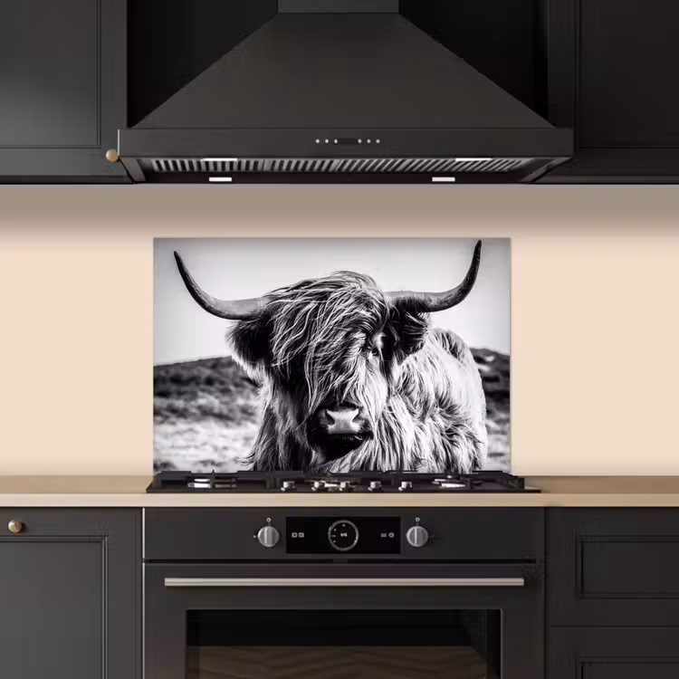 Spatscherm keuken - Schotse hooglander - Natuur - Koe - Zwart - Wit — 2