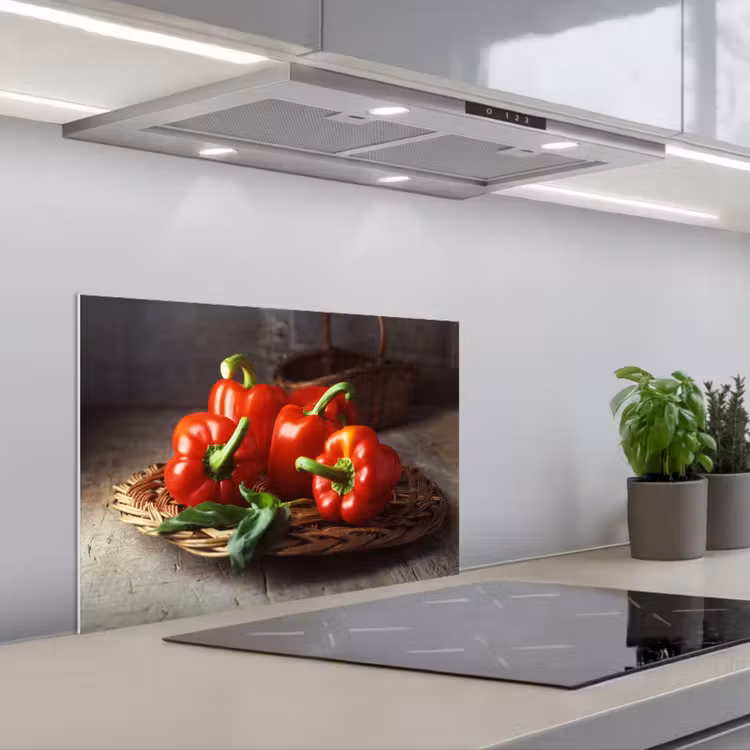 Spatscherm keuken - Vier rode paprika's op een rieten mand — 5