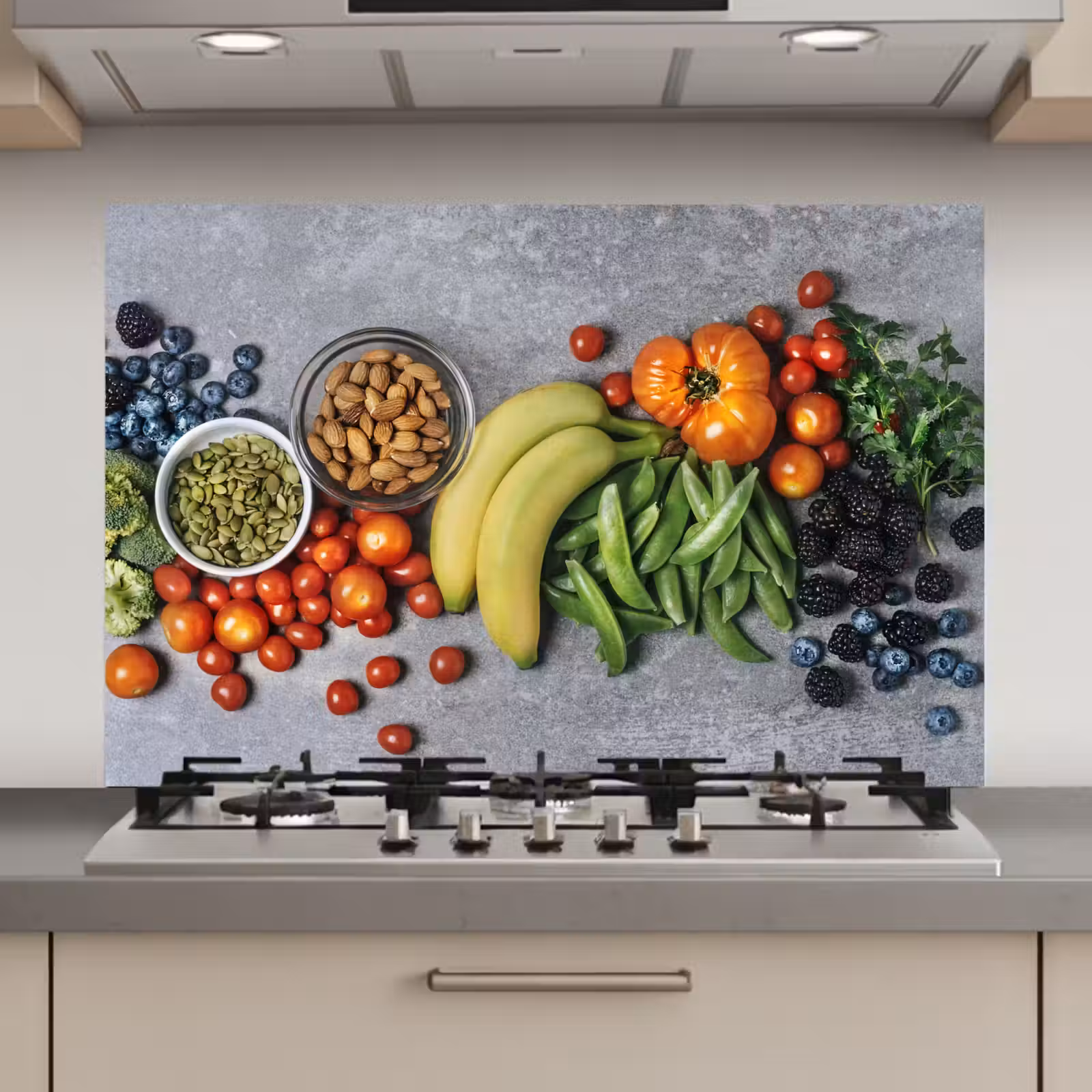 Spatscherm keuken - Groente - Fruit - Grijs — 1