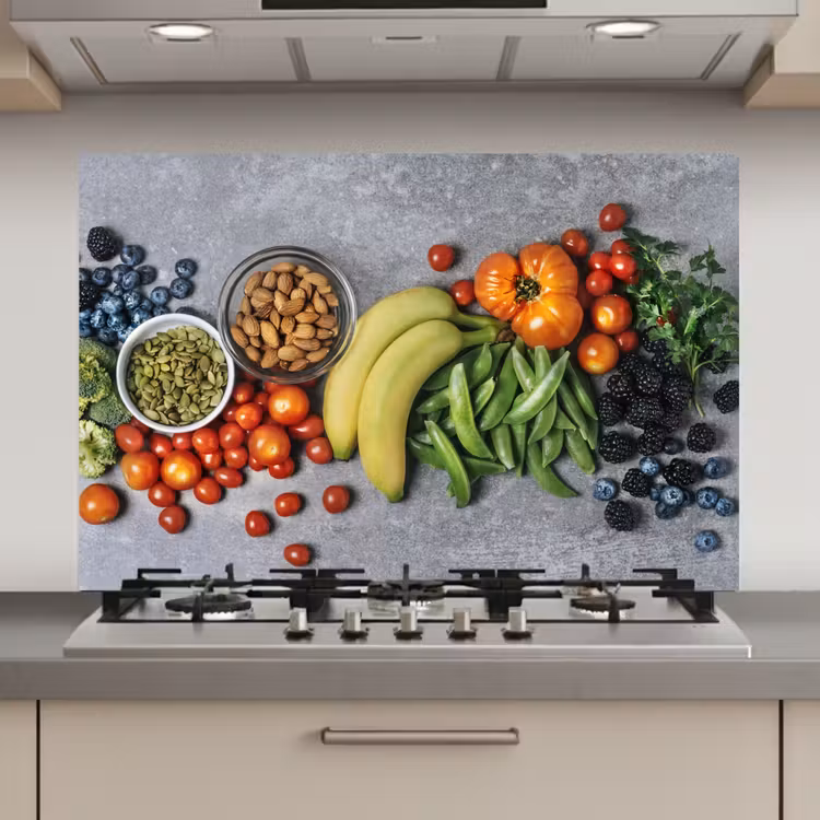 Spatscherm keuken - Groente - Fruit - Grijs — 1