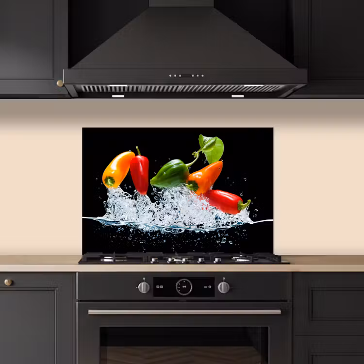Spatscherm keuken - Pepers - Zwart - Groenten - Water - Blad — 2