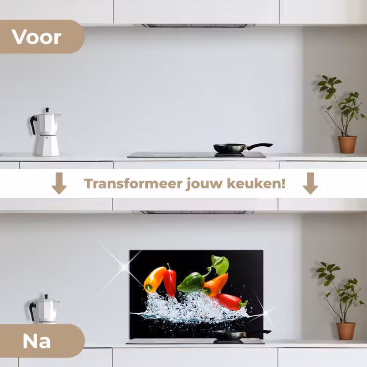 Spatscherm keuken - Pepers - Zwart - Groenten - Water - Blad — 3