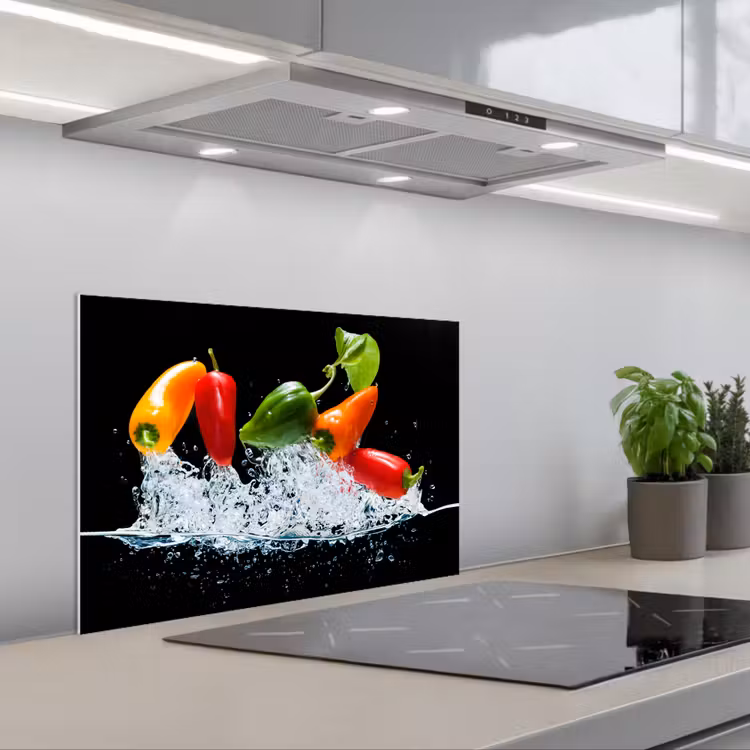 Spatscherm keuken - Pepers - Zwart - Groenten - Water - Blad — 5