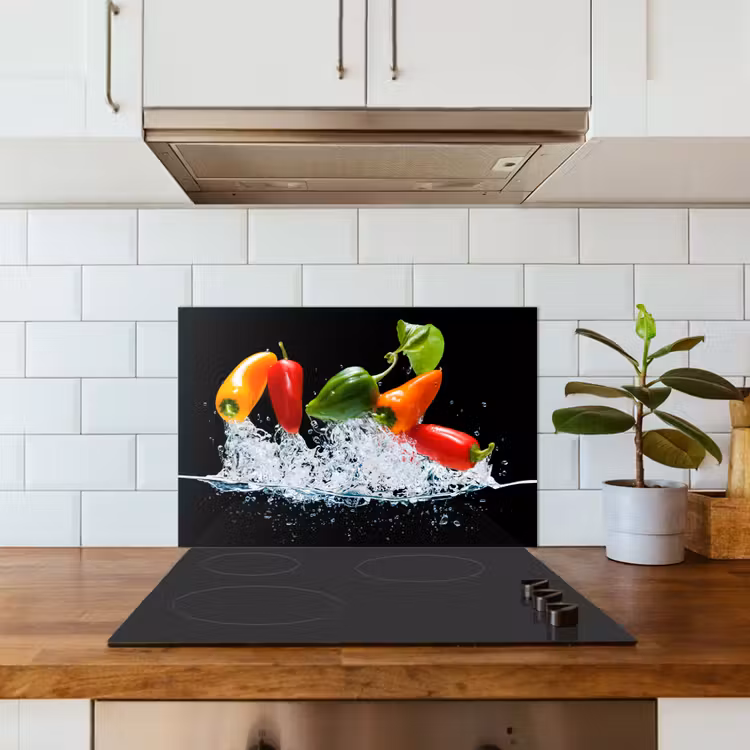Spatscherm keuken - Pepers - Zwart - Groenten - Water - Blad — 6