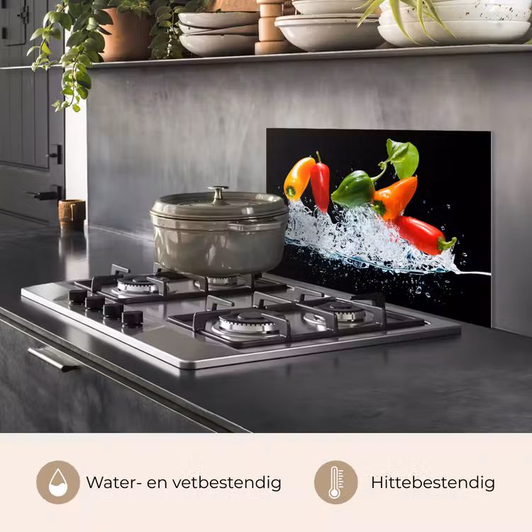 Spatscherm keuken - Pepers - Zwart - Groenten - Water - Blad — 7