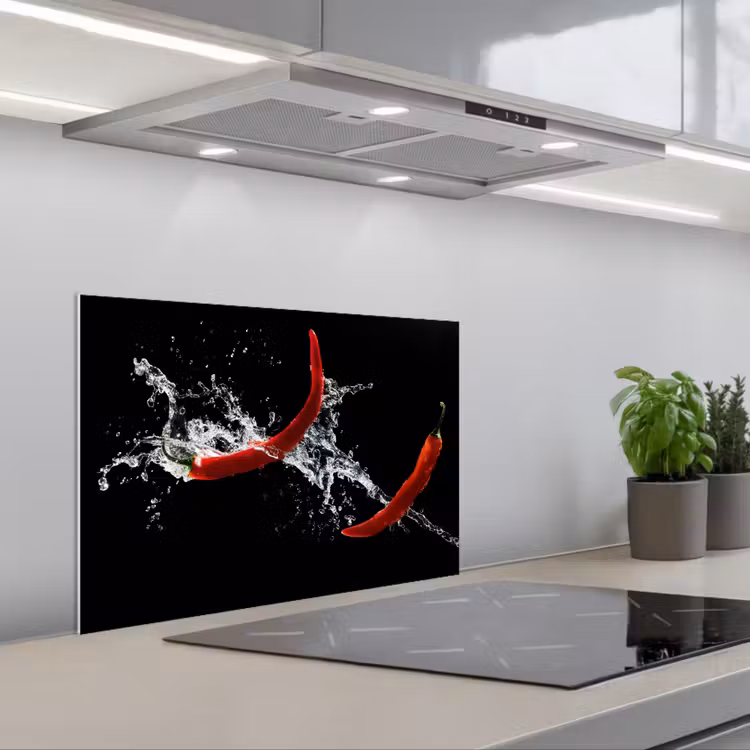 Spatscherm keuken - Chilipeper - Stilleven - Water - Zwart - Rood — 5