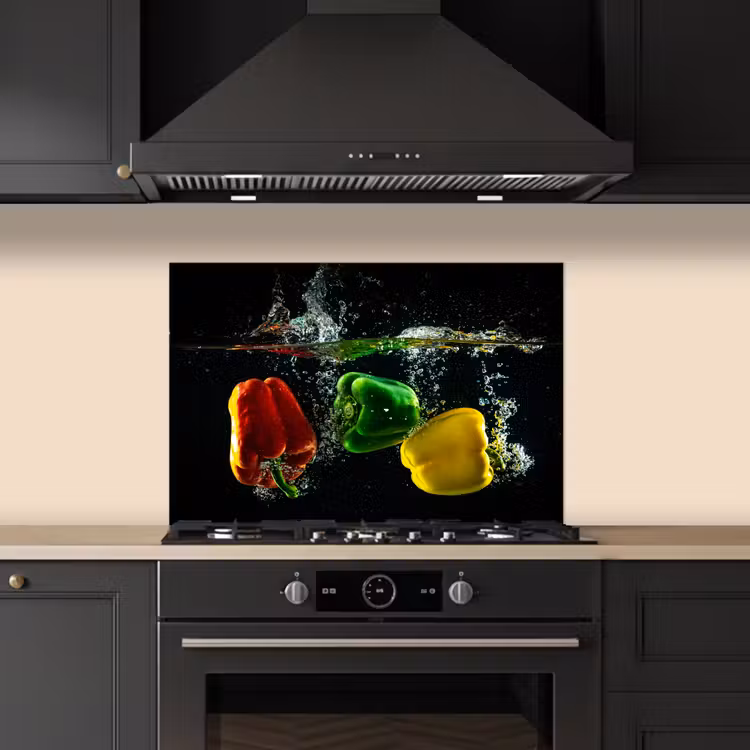 Spatscherm keuken - Paprika - Groente - Water - Zwart - Rood - Groen - Geel — 2