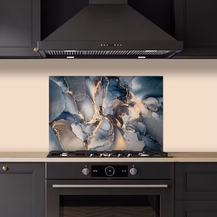 Spatscherm keuken - Marmer - Grijs - Blauw - Luxe - Goud — 2