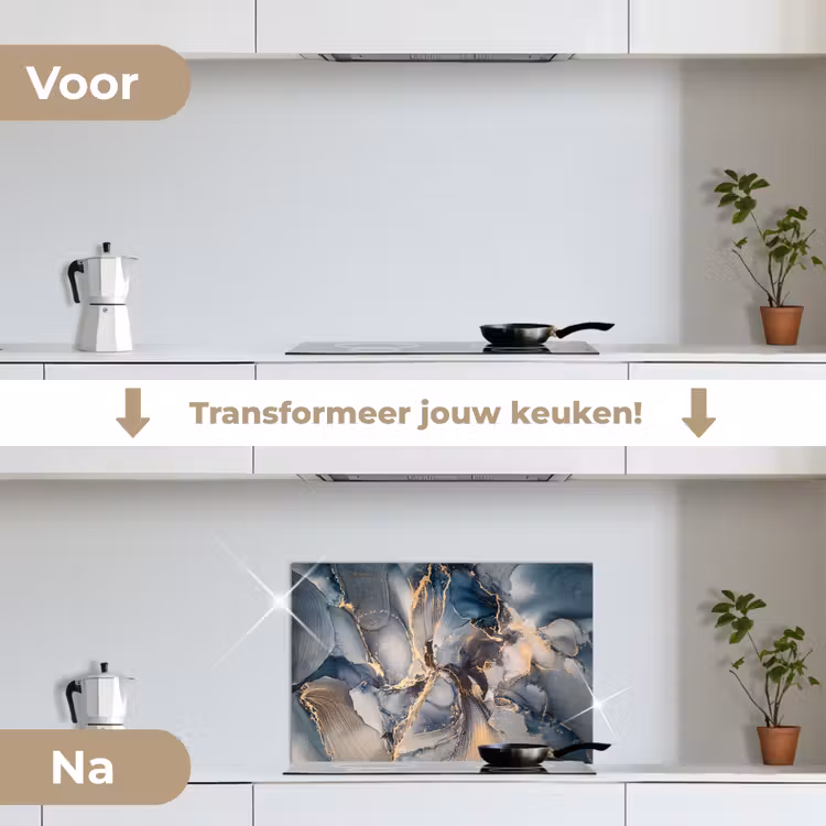 Spatscherm keuken - Marmer - Grijs - Blauw - Luxe - Goud — 3