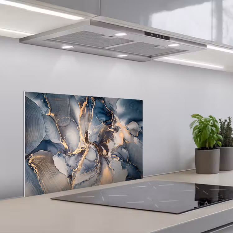 Spatscherm keuken - Marmer - Grijs - Blauw - Luxe - Goud — 5