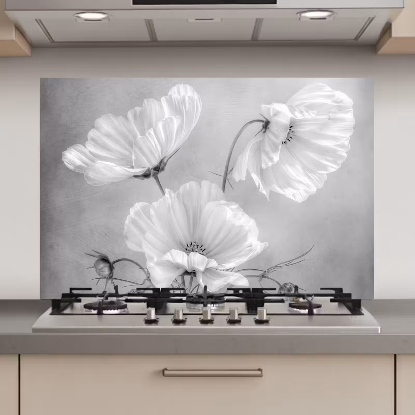 Spatscherm keuken - Stilleven - Bloemen - Zwart wit - Klaproos - Botanisch — 1