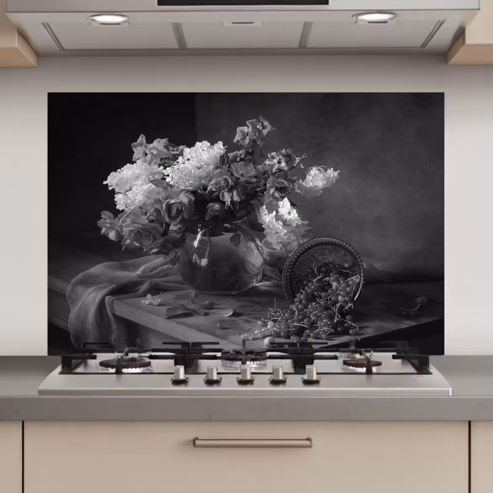 Spatscherm keuken - Stilleven - Kersen - Zwart - Wit — 1