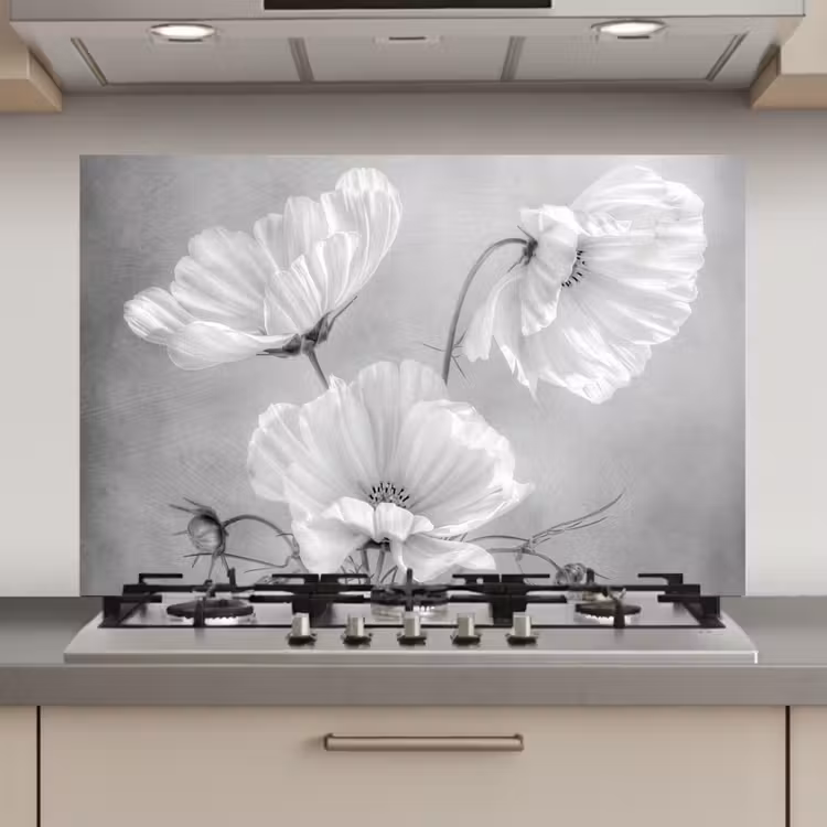 Spatscherm keuken - Stilleven - Bloemen - Zwart wit - Klaproos - Botanisch — 1