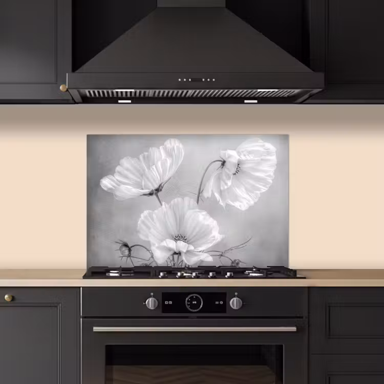 Spatscherm keuken - Stilleven - Bloemen - Zwart wit - Klaproos - Botanisch — 2