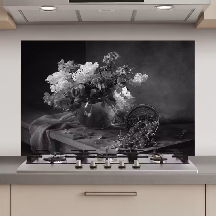 Spatscherm keuken - Stilleven - Kersen - Zwart - Wit — 1