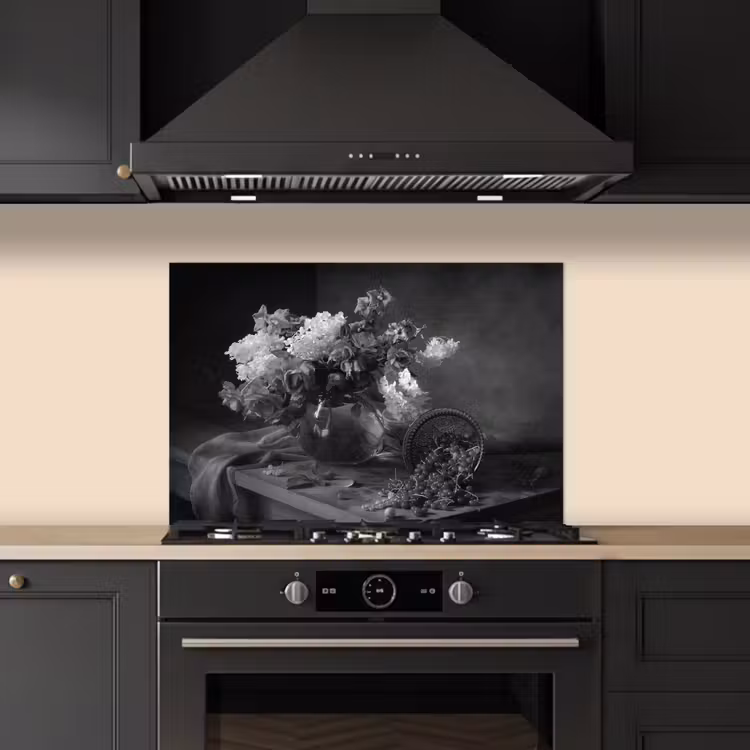 Spatscherm keuken - Stilleven - Kersen - Zwart - Wit — 2