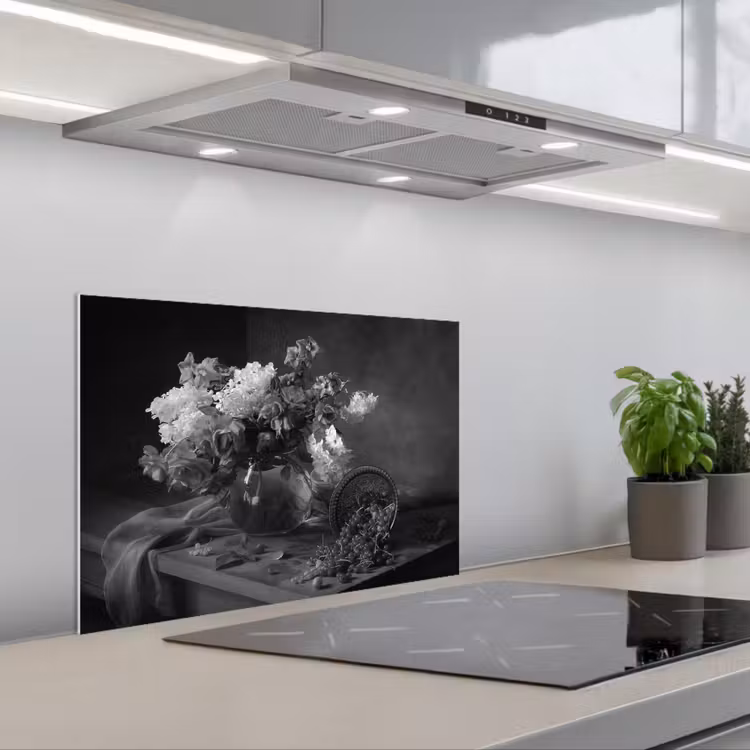 Spatscherm keuken - Stilleven - Kersen - Zwart - Wit — 5