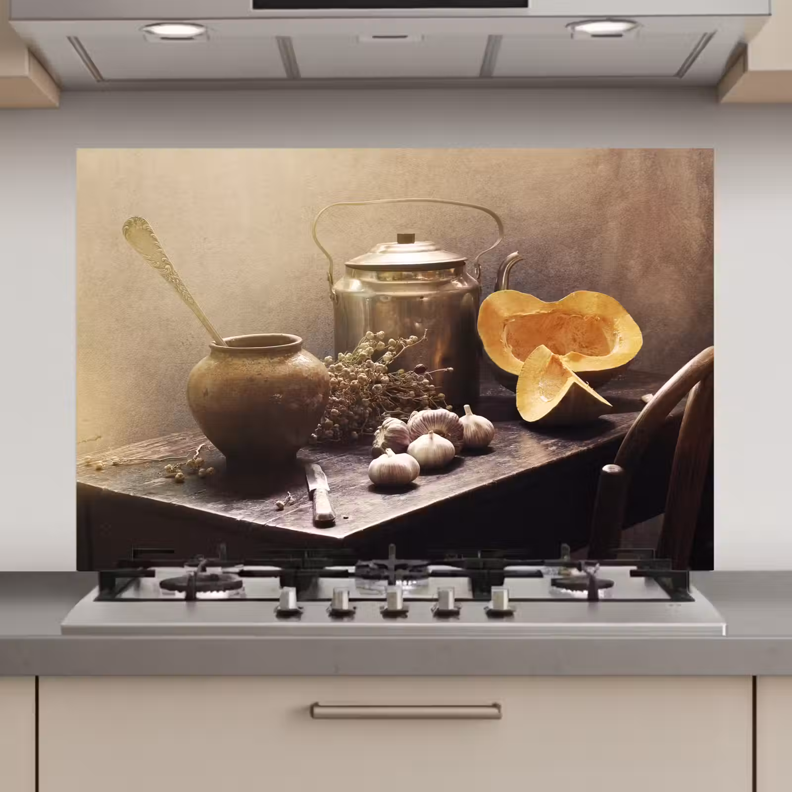 Spatscherm keuken - Stilleven - Pompoen - Knoflook - Pan - Tafel — 1