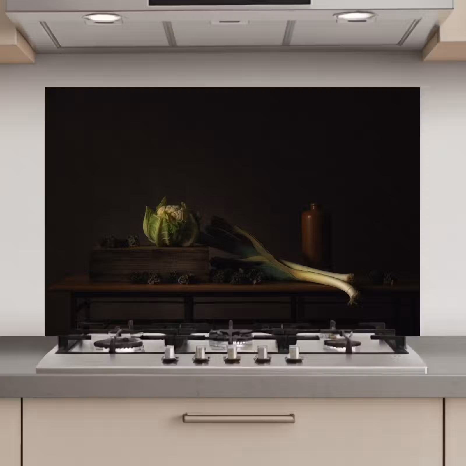 Spatscherm keuken - Stilleven - Tafel - Schilderij - Groenten - Prei - Bloemkool - Kunst — 1