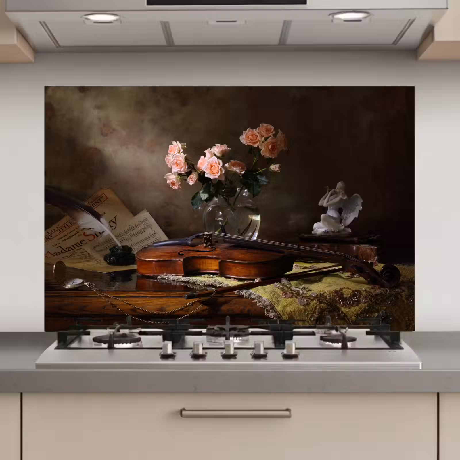 Spatscherm keuken - Viool - Rozen - Roze - Bloemen - Stilleven — 1