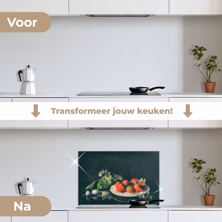 Spatscherm keuken - Aardbeien - Schilderij - Stilleven - Bloemen - Ei - Bord — 3